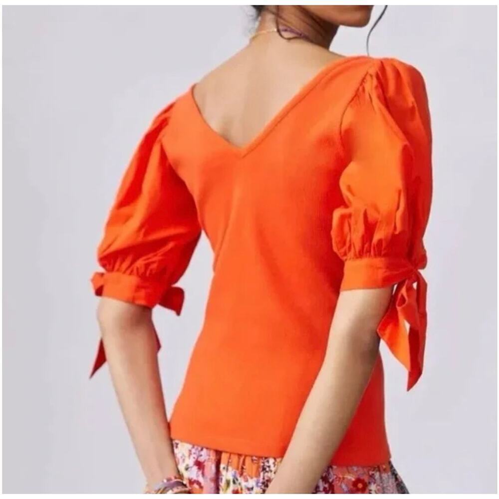 Anthropologie Maeve Puff Sleeved Ribbed V-neck